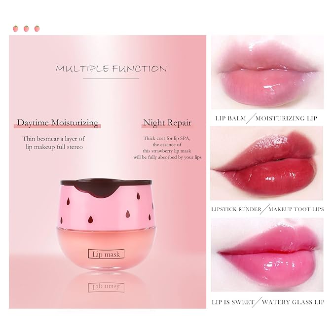 Strawberry Sleeping Lip Mask,Honey Balm Strawberry Lip Balm Honey Pot,Overnight Strawberry Lip Mask for Lip Care Product Moisturize Lip Skin,Plumping Lip and Hydrate Lips 1PC