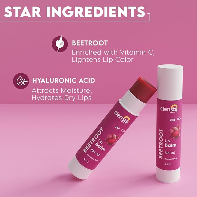 Clensta Beetroot SPF 30 Tinted Lip Balm | Hydrating & Moisturizing Lip Care with Hyaluronic Acid | Broad Spectrum Lip Sunscreen | 4.5g