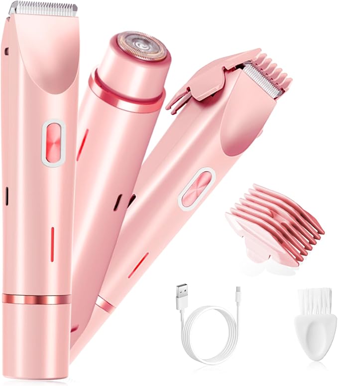 Electric Bikini Trimmer for Women, 2-in-1 Hair Shaver and Epilator, Waterproof Wet/Dry Lady Shaver（Pink）