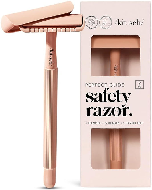 Kitsch Double Edge Safety Razors for Women and Men, Long Metal Handle and Stainless Steel Single Blade Razor with 5 Double Edge Refills, for Shaving and Travel Essentials - Terracotta