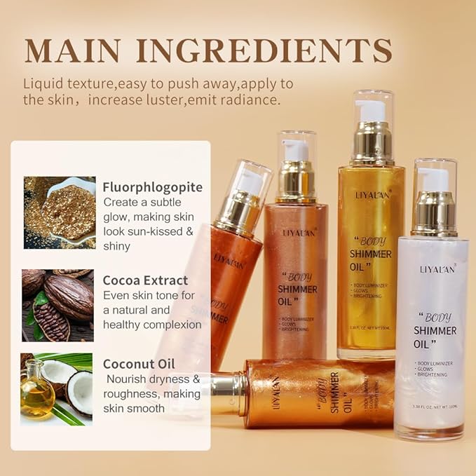 Liyalan Shimmer Body Oil Rose Gold 5 Color Bronze Face Glow Pearl Highlighter Illuminator body Makeup Shine Glitter Gold Liquid Taning 3.38 Fl Oz