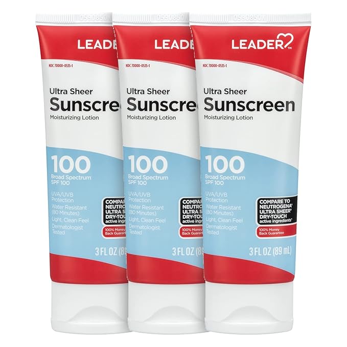Leader Travel Sunscreen SPF 100+, Ultra Sheer Dry-Touch Water Resistant and Non-Greasy Lotion with Broad Spectrum SPF 100+, 3 Fl Oz (3)