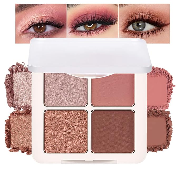 4 Colors Matte Shimmer Eyeshadow Makeup Palette,Rose Gold Nude Pink Highly Pigmented Natural Neutral Eye Shadow Palette,Long Lasting Waterproof Naturing-Looking Women Girls Eye Shadow,Blendable
