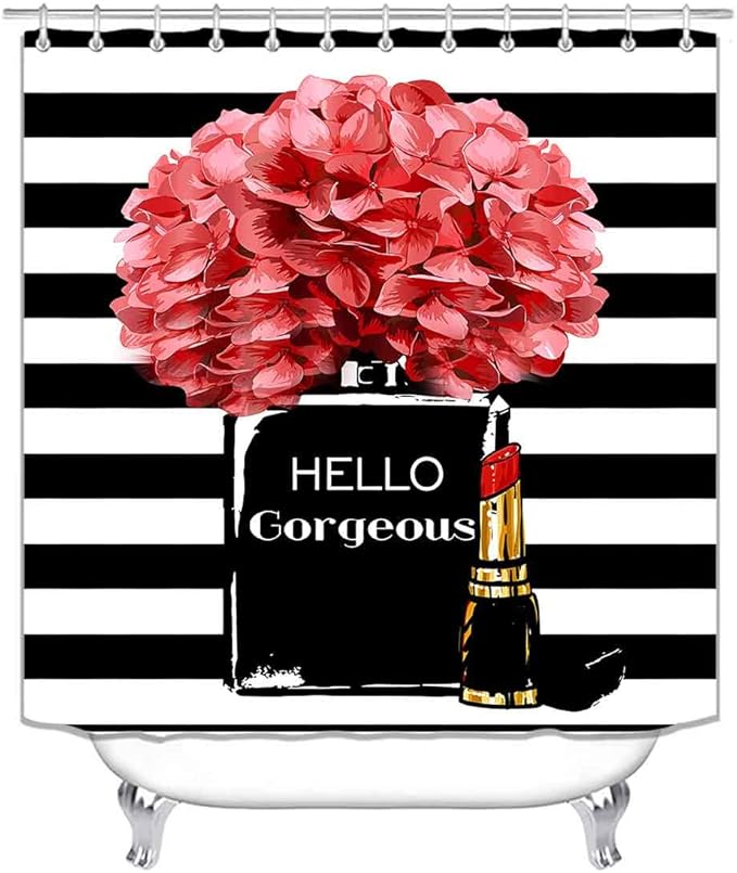 4PCS Hello Gorgeous Shower Curtain Set Watercolor Red Floral Black and White Striped Perfume Lipstick Makeup Vintage Modern Fashion Women Bathroom Decor Non-Slip Bath Mat Toilet Rug, Hydrangea