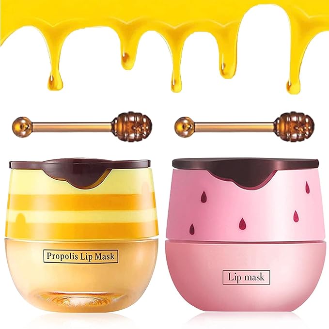 2Pcs Bee Lip Balm Honey Pot, Honey & Strawberry Lip Balm Moisturizing Lip Sleep Mask with Stick Hydrating & Prevention Dry and Cracked Lip Scrubs Exfoliator, Reduces Lip Lines