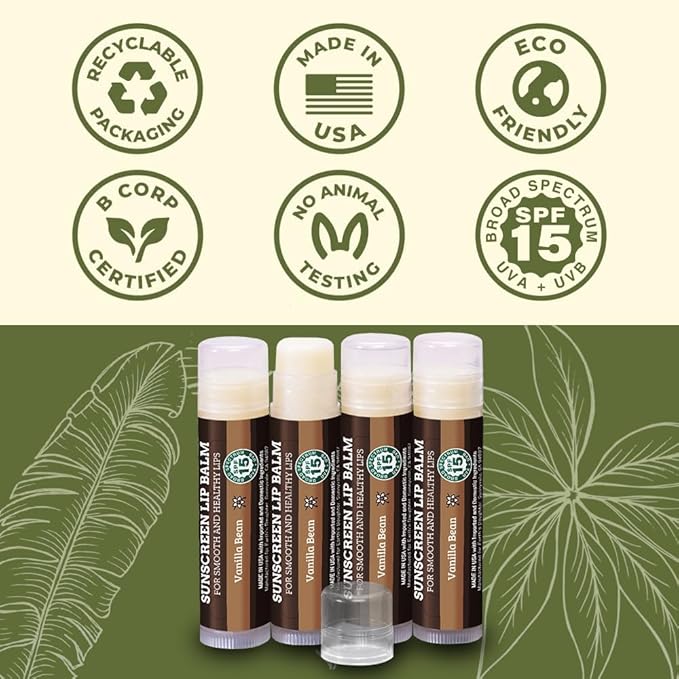 SPF Lip Balm 4-Pack by Earth's Daughter - Lip Sunscreen, SPF 15, Organic Ingredients, Vanilla Flavor, Beeswax, Coconut Oil, Vitamin E - Hypoallergenic, Paraben Free, Gluten Free