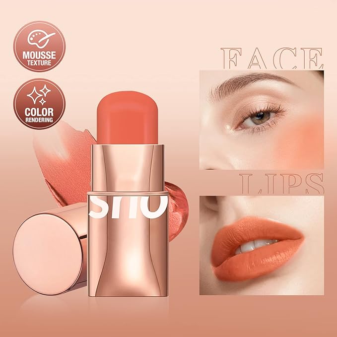 Cream Blush Stick for Cheeks Makeup, Waterproof Face Blush Stick Multi-Use Lip and Cheek Tint, Matte Finish Easy to Blend Lightweight Natural Cream Blusher Makeup for All Skin Tones-Orange