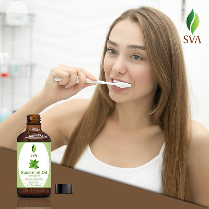 SVA Spearmint Essential Oil – 4 Fl Oz – 100% Natural Spearmint Oil - for Diffuser, Hair Care, Face, Skin Care, Aromatherapy, Scalp and Body Massage, Soap and Candle Making – with Dropper