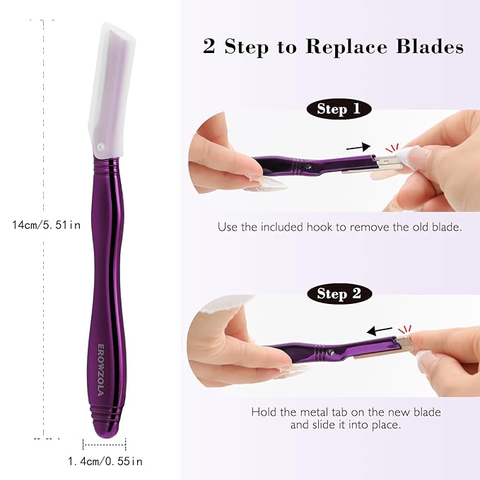 Dermaplane Razor for Women Face with 6 Refill Blades, Dermaplaning Tool Face Razors for Removes Facial Hair, Peach Fuzz, Reusable Metal Handle Eyebrow Razor (Purple)