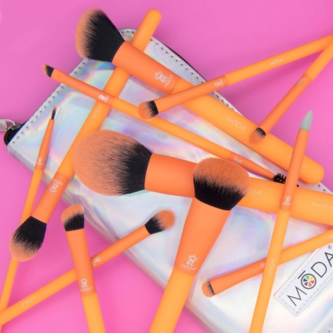 MODA Totally Electric Neon Orange Full Face Makeup Brush Kit – 13pc Vibrant Brush Set for Face & Eyes with Zip Case