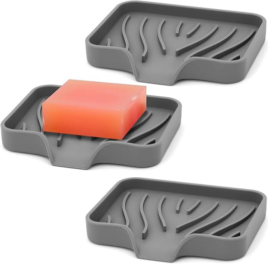 3-Pack Silicone Soap Dish Bar Soap Holder, Self Draining Soap Tray for Shower, Bathroom, Kitchen, Bathtub (Grey)