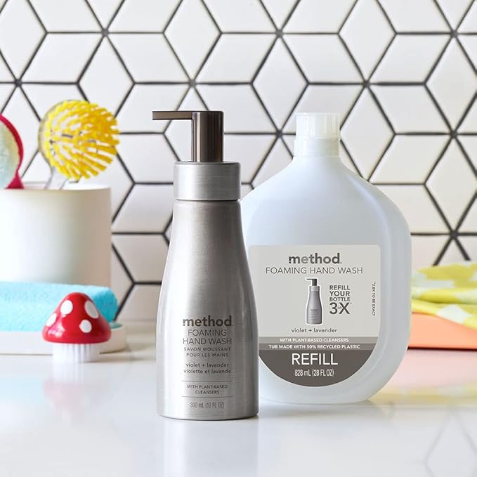 Method Foaming Hand Wash, Violet + Lavender, Reusable Silver Aluminum Bottle, Biodegradable Formula, 10 oz (Pack of 3)