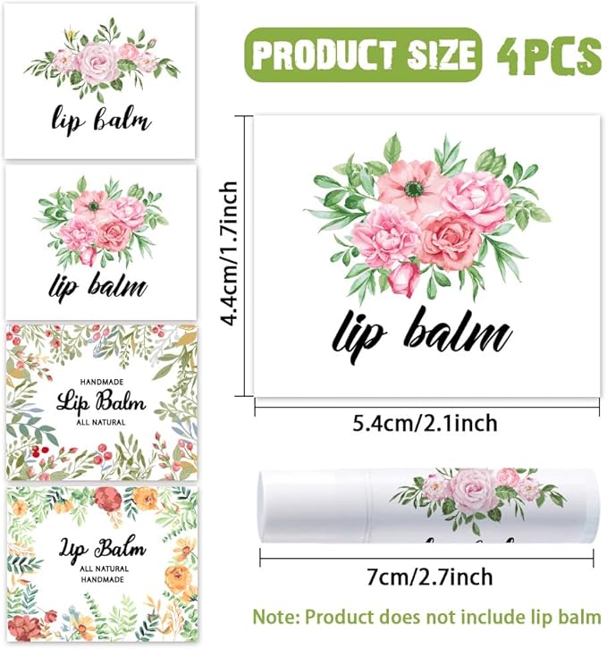 OLYCRAFT 100Pcs 4 Styles Flower Lip Balm Labels Stickers 2.1x1.7 inch Self-Adhesive Favor Lip Balms Flower Stickers with Handmade Words for Lipstick Wrapping Decorations Birthday Party Supplies