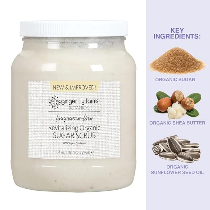 Ginger Lily Farms Botanicals Revitalizing Organic Sugar Scrub, All-Natural Skin Exfoliating Sugar Crystals, 100% Vegan & Cruelty-Free, Fragrance-Free, 64 oz.