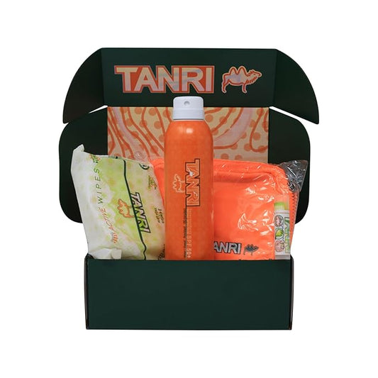 TANRI Primo Explorer Pack; Includes SPF50+ Sunscreen Spray that Goes on Clear, Active Wipes No-Rinse Body Wipes, Moisturizing SPF15 Pear Lip Balm and an Adjustable Fanny Pack (4-Pack Bundle)