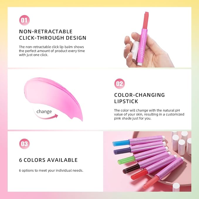 Juicy Lip Balm Shift, Slick Click pH Color Changing Lipstick Hydrating & Moisturizing Color Changing Lip Gloss,Nourishing Lip Care,Lips Moisturizer,Plumping Non-Sticky Sheer Tinted Lip Balm (SET A)
