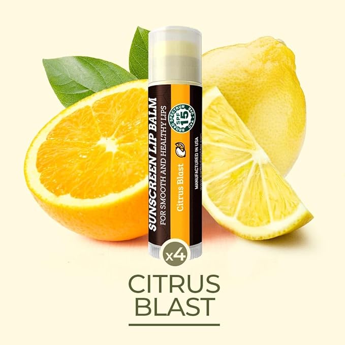 SPF Lip Balm 4-Pack by Earth's Daughter - Lip Sunscreen, SPF 15, Organic Ingredients, Citrus Flavor, Beeswax, Coconut Oil, Vitamin E - Hypoallergenic, Paraben Free, Gluten Free