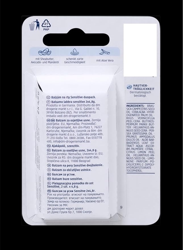 Balea Lip Care Sensitive, Moisturizing Lip Balm with Aloe Vera 9.6 g (pack of 2) - German product