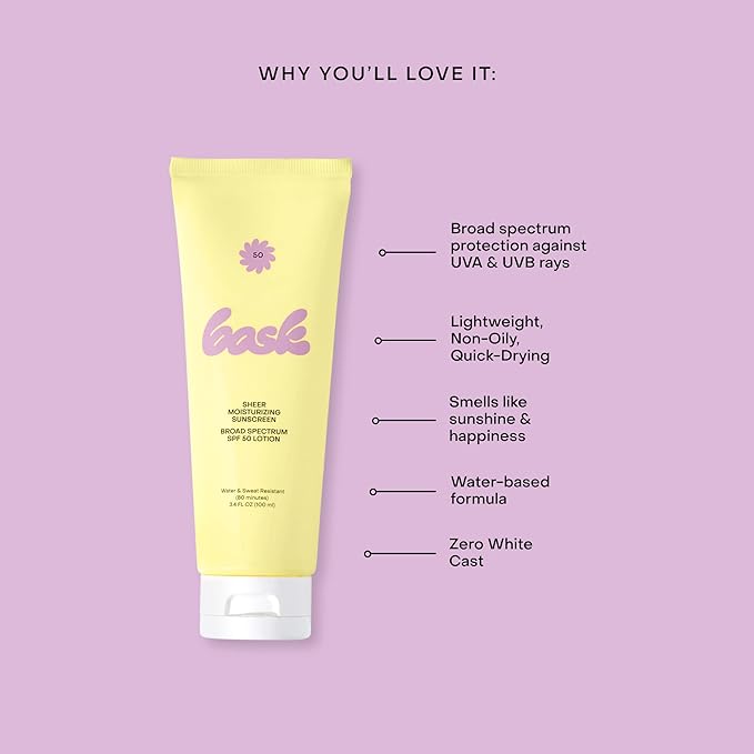 Bask Suncare SPF 50 Sheer Moisturizing Sunscreen Lotion - Broad Spectrum UVA/UVB Protection, Dermatologist Recommended, Hydrating, Lightweight & Fast Absorbing, No White Cast, Travel Size, 3.4 fl oz