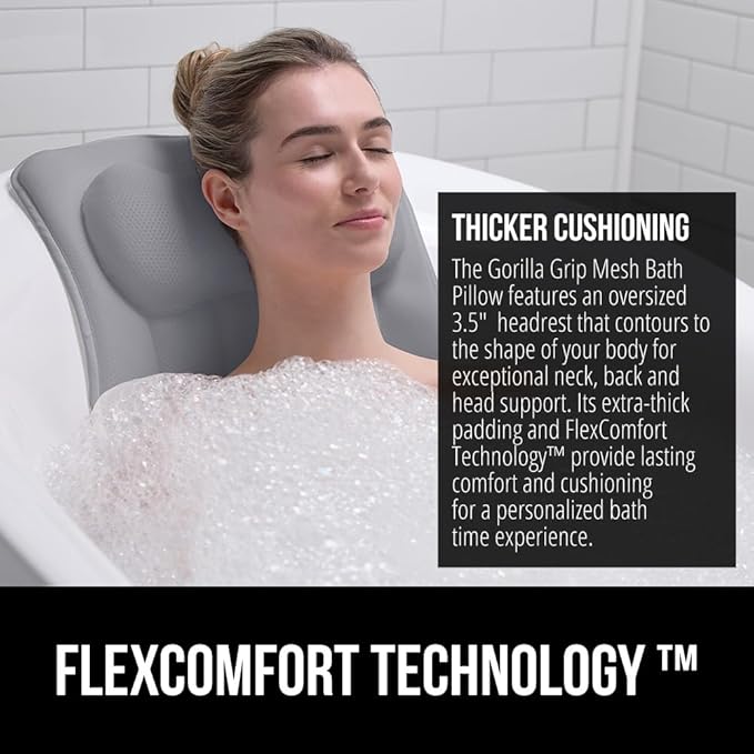 GORILLA GRIP Mesh Bath Pillow for Tub, 6 Powerful Suction Cups, Oversized Headrest with Breathable FlexComfort Technology for Neck, Head, Back Support, Luxury Machine Washable Bathtub Must Haves, Gray