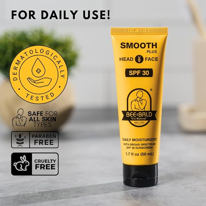 Bee Bald SMOOTH PLUS Head & Face Moisturizer with SPF 30 Sunscreen Lotion Protecting Skin From Harmful UVA/UVB Rays While Hydrating, Moisturizing and Toning, 1.7 Fl Oz