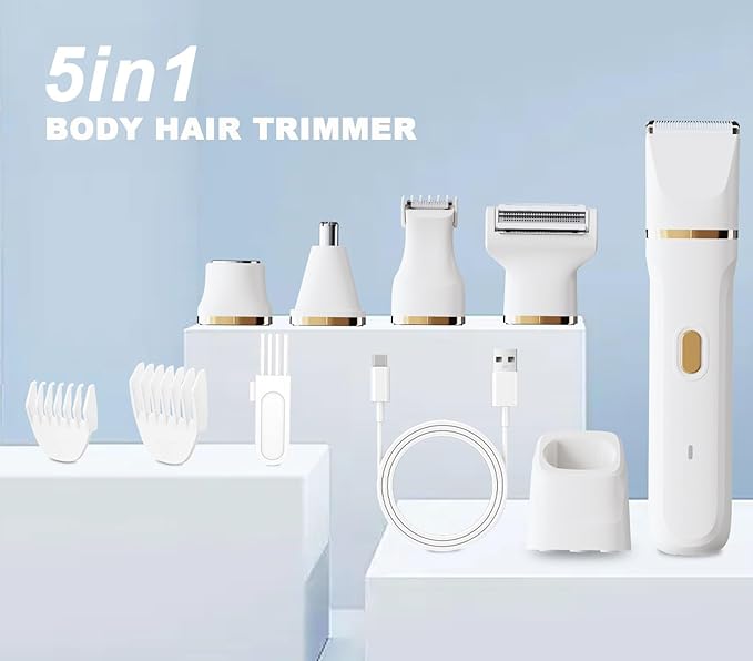 ele ELEOPTION Electric Razors for Women 5-in-1 Waterproof Wet Dry Electric Shaver with USB Charge Dock, Legs Hair Remover, Body Shaver for Beard Bikini Trimmer for Women White