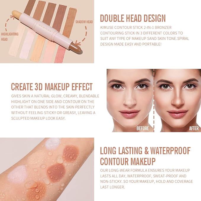 KIMUSE 2Color Dual Cream Contour Stick, Multi Blush & Contour Bronzer Stick, Long Lasting & Waterproof Contour Sticks Kit for Light Skin Face Makeup