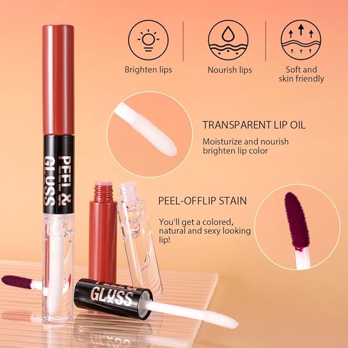 2Pcs Liquid Lip Stain Peel Off Lip liner and Lip oil with Tweezer, Dual-Ended Peel Off Lip Stain Tattoo, Highly Pigmented Long Lasting Waterproof, Transfer-proof for All Skin Types, 03#+05#