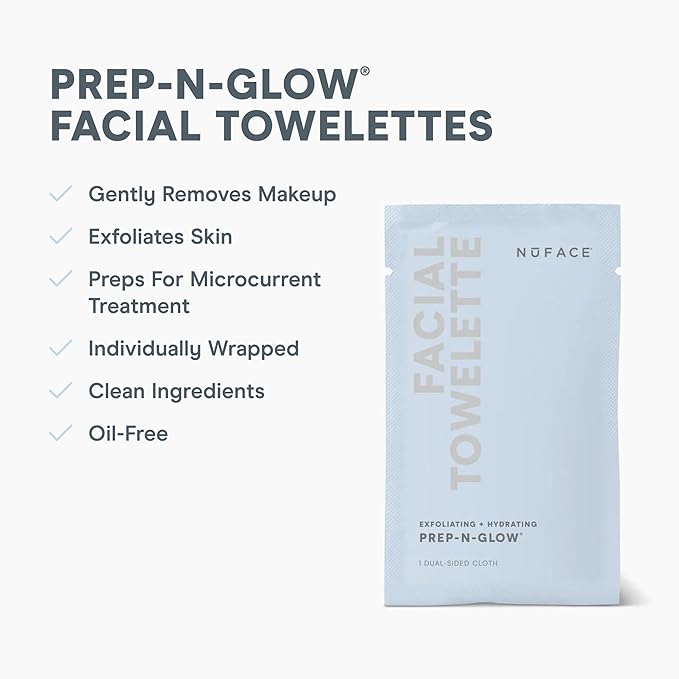 NuFACE Prep-N-Glow Facial Towelettes - 2-in-1 Exfoliating + Cleansing Makeup Remover Wipes, Hyaluronic Acid Travel Face Wipes to Hydrate & Brighten for Glowing Skin - 5 Individually Wrapped Cloths