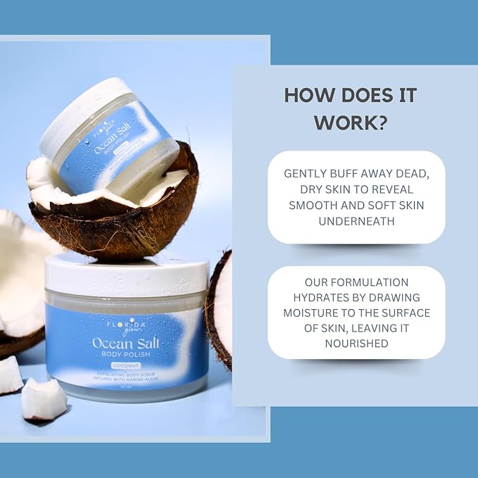Sea Salt Body Scrub by Florida Suncare - Ocean Salt Body Polish Infused with Marine Algae - Exfoliating Face and Body Scrub - Facial Scrub Exfoliator to Tackle Acne (Coconut, 3.3 oz)