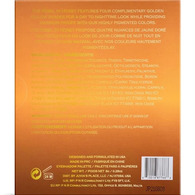 Juvia's Place Rebel Quad Honey Eyeshadow Palette - Professional Eye Makeup, Pigmented Eyeshadow Palette, Makeup Palette for Eye Color & Shine, Pressed Eyeshadow Cosmetics, Shades of 4