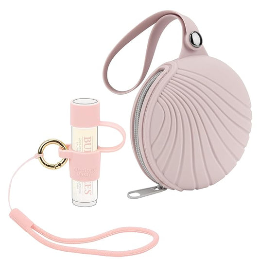 Desing Wish Silicone Lip Balm Holder with Silicone Zipper Pouch, Portable Lip Balm Keychain Sleeve - Silicone Storage Bag for Lip Balms/Small Cosmetics/Earphones/Keys - Pink