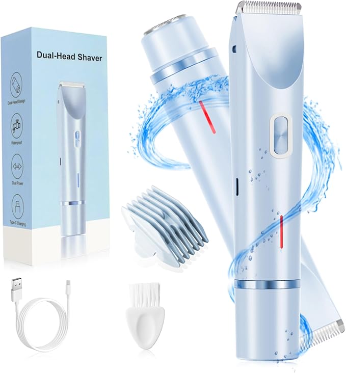 Electric Bikini Trimmer for Women, 2-in-1 Waterproof Painless Hair Removal, Face Body Private Area Shaver, Blue