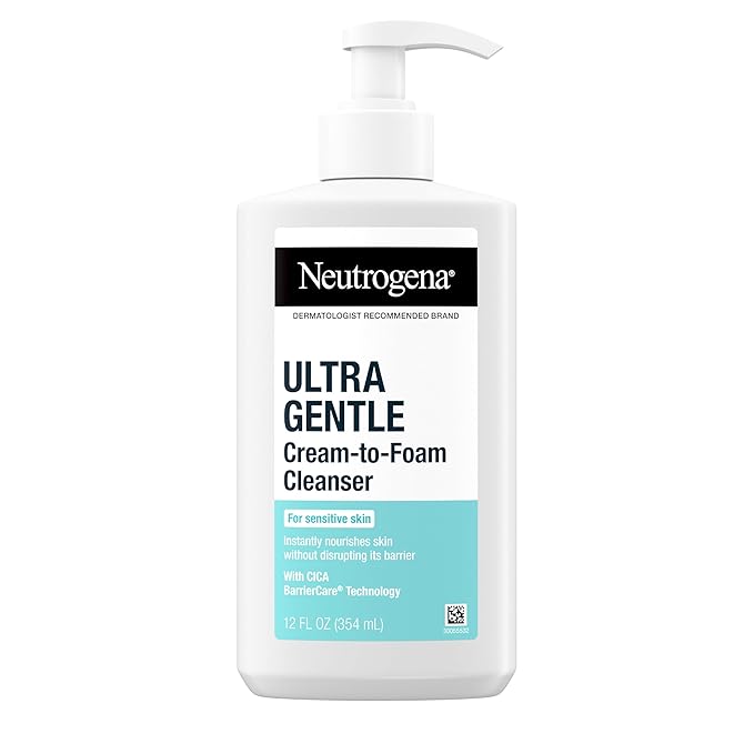 Neutrogena Ultra Gentle Cream-to-Foam Facial Cleanser, Transforms from a Creamy Cleanser to a Foaming Face Wash for Sensitive Skin, Fragrance-Free, Hypoallergenic, Non-Comedogenic, 12 oz