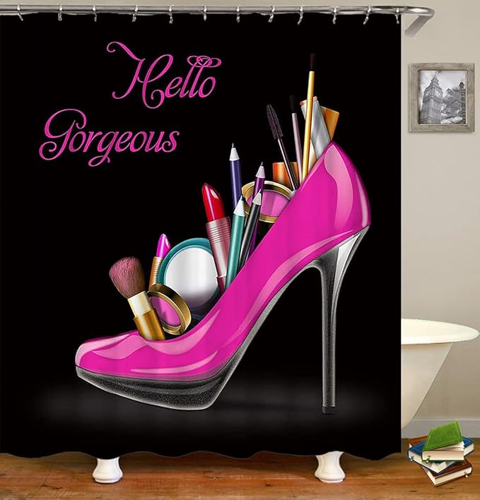 4PCS Hello Gorgeous Shower Curtain Set, Hot Pink High Heels Lipstick Makeup Fashion Girls Women Bathroom Decor, Waterproof Fabric Black Shower Curtain, Non-Slip Bath Mat Toilet Rug, Hot Pink