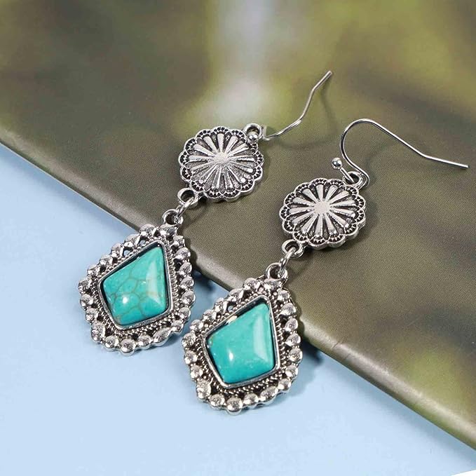 Boho Oval Turquoise Earrings Silver Circle Dangle Drop Earrings Vintage Flower Earrings Tribal Earrings Jewelry for Women and Girls