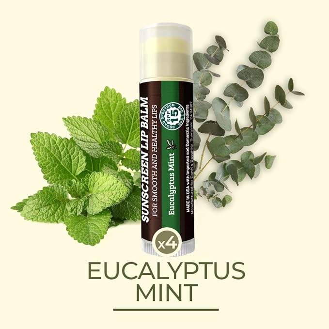 SPF Lip Balm 4-Pack by Earth's Daughter - Lip Sunscreen, SPF 15, Organic Ingredients, Eucalyptus Mint Flavor, Beeswax, Coconut Oil, Vitamin E - Hypoallergenic, Paraben Free, Gluten Free