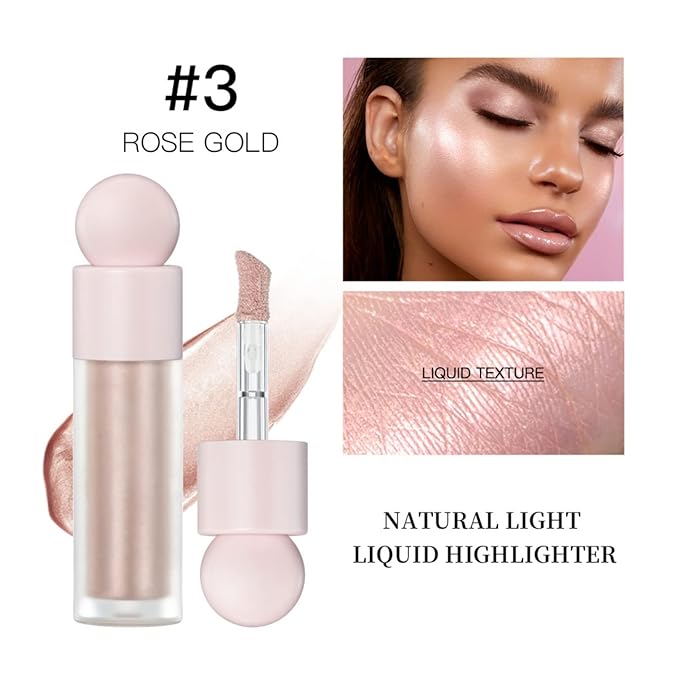 Liquid Highlighter Natural Glow For Face & Body, Waterproof Moisturizing Light Liquid Luminizer For Long Lasting Shimmer, Contour Highlighter Stick Easy to Apply with Cushion Applicator (#3 Rose gold)