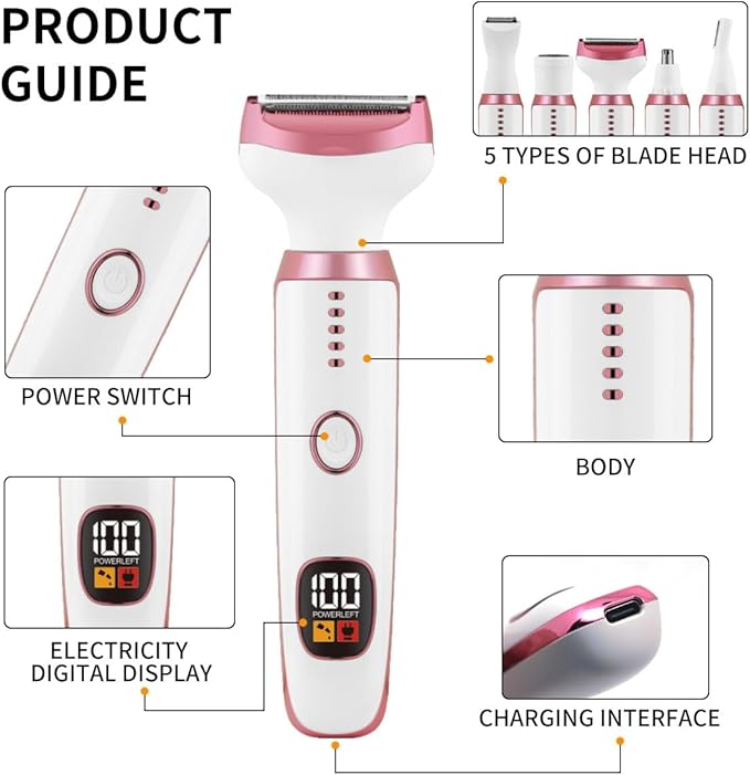 Electric Razors for Women, Bikini Trimmer for Women 5 in 1 Body Shaver for Nose Hair Face Eyebrow Arms Legs Armpit Underarm Pubic Area, Replaceable Lady Facial Razor Painless USB Charge Female Gift
