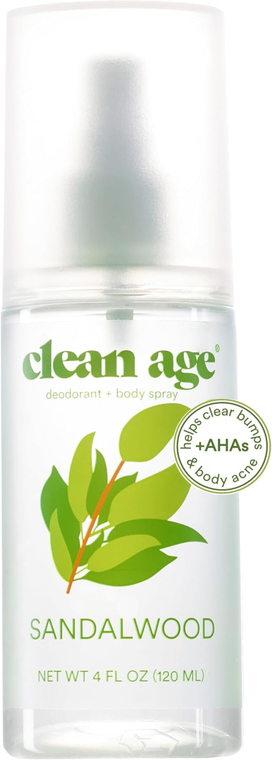 Clean Age- Aluminum Free Deodorant & Body Spray for Whole Body- Sandalwood 4oz- Clean Deodorant and Body Spray for Teen Boys and Girls-With AHA Fights Body Acne-Formula Specific Body Spray for Teens