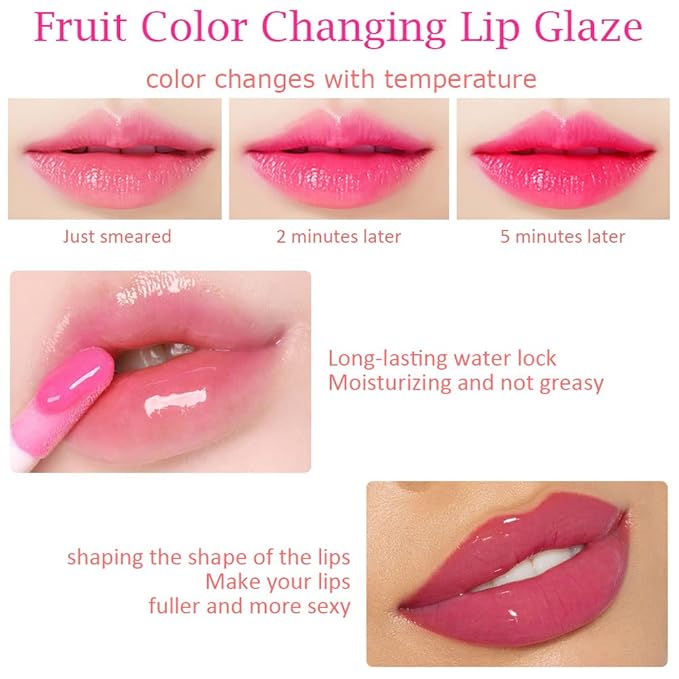 BINGBRUSH 6 Pcs Fruity Color Changing Lip Gloss for Girls, Pink Magic Mood Lip Oil Tinted, Temperature Color Change Lip Stain Lip Balm, Longlasting Lips Will Not Dry Out