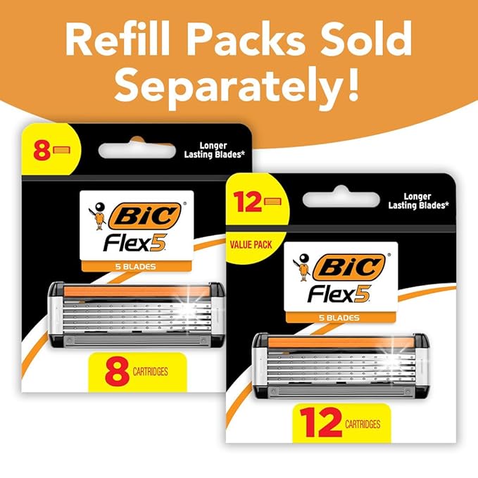 BIC Flex 5 Refillable Razors for Men, Long-Lasting 5 Blade Razors for a Smooth and Comfortable Shave, 1 Handle and 12 Cartridges, 13 Piece Shaving Kit