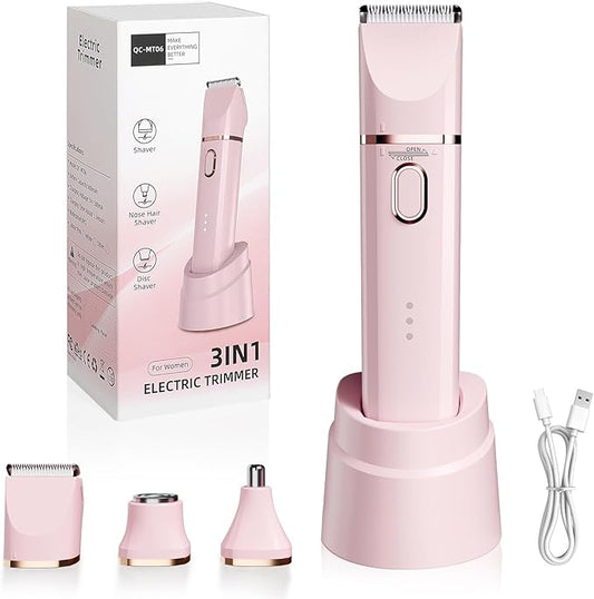 Trimmer for Women: 3 in 1 Gentle Painless Electric Razor for Women,120min Cordless Runtime,USB Charge Dock,IPX7 Waterproof Wet & Dry Use Portable Facial Razor with Ceramic Blade Travel Grooming Kit