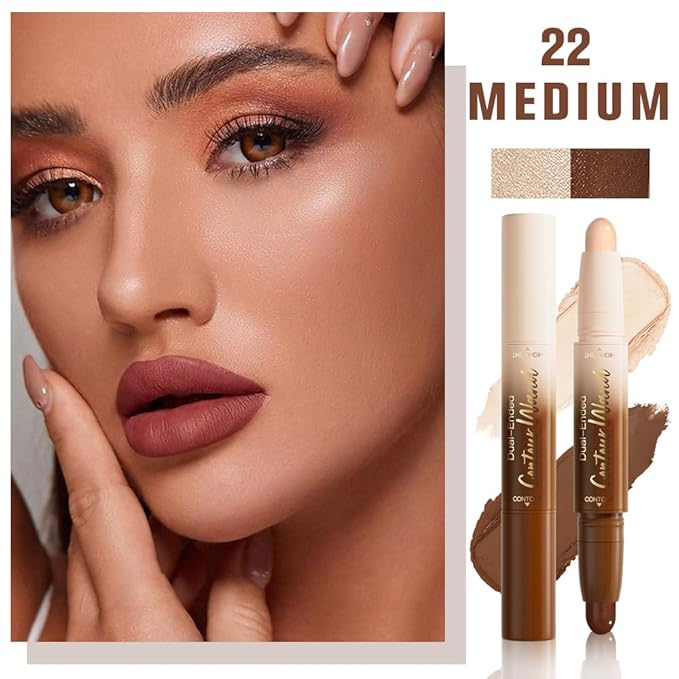 Dual-Ended 2-in-1 Cream Contour & Highlighter Stick – Waterproof, Long-Lasting for Face & Body Makeup, Suitable for All Skin Tones, 02#Nude + Light Beige