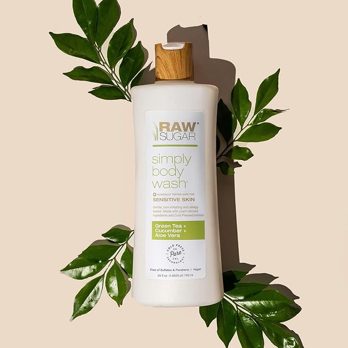 RAW SUGAR Simply Body Wash, (25 Fl Oz, Pack of 1) Bath Soap, Formulated without Sulfates & Parabens (Green Tea + Cucumber + Aloe Vera)