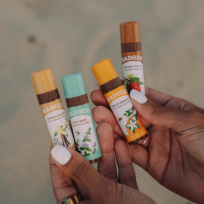 Badger - Cocoa Butter Lip Balm, Sweet Orange, Certified Organic Lip Balm, Fair Trade, Lip Butter, Lip Balm Cocoa Butter, Cocoa Care Lip Balm, 0.25 oz (4 Pack)