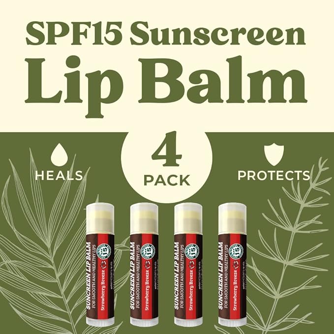 SPF Lip Balm 4-Pack by Earth's Daughter - Lip Sunscreen, SPF 15, Organic Ingredients, Strawberry Flavor, Beeswax, Coconut Oil, Vitamin E - Hypoallergenic, Paraben Free, Gluten Free