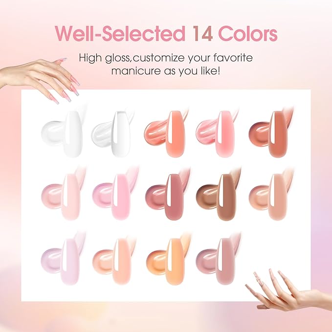 ROSALIND Poly Nail Gel Kit -14 Colors +72 Nail Art Accessories kit Nude Pink Poly Nails Gel Kit Starter Kit with Mini UV Lamp Slip Solution Basic Poly Nail Art Tools for Beginners with Everything