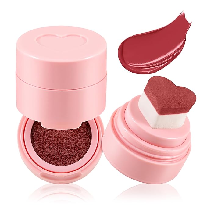 Boobeen Liquid Blush for Cheeks, Buildable & Blendable Face Blusher, Cheek Stamp Blush with Heart-shaped Applicator, Lightweight Air Cushion Blush for Velvet Matte Finish