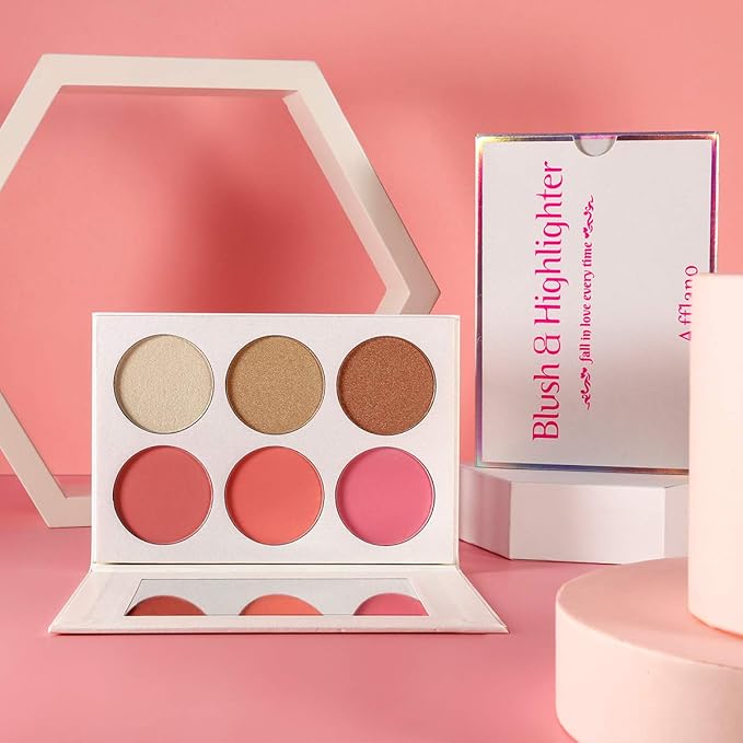 Blusher & Illuminator Highlighter & Bronzer Powder Contour Collection Set - 3 Blusher & 3 Highlighter Powder Palette - Perfect for Contouring and Highlighting - Vegan and Cruelty Free